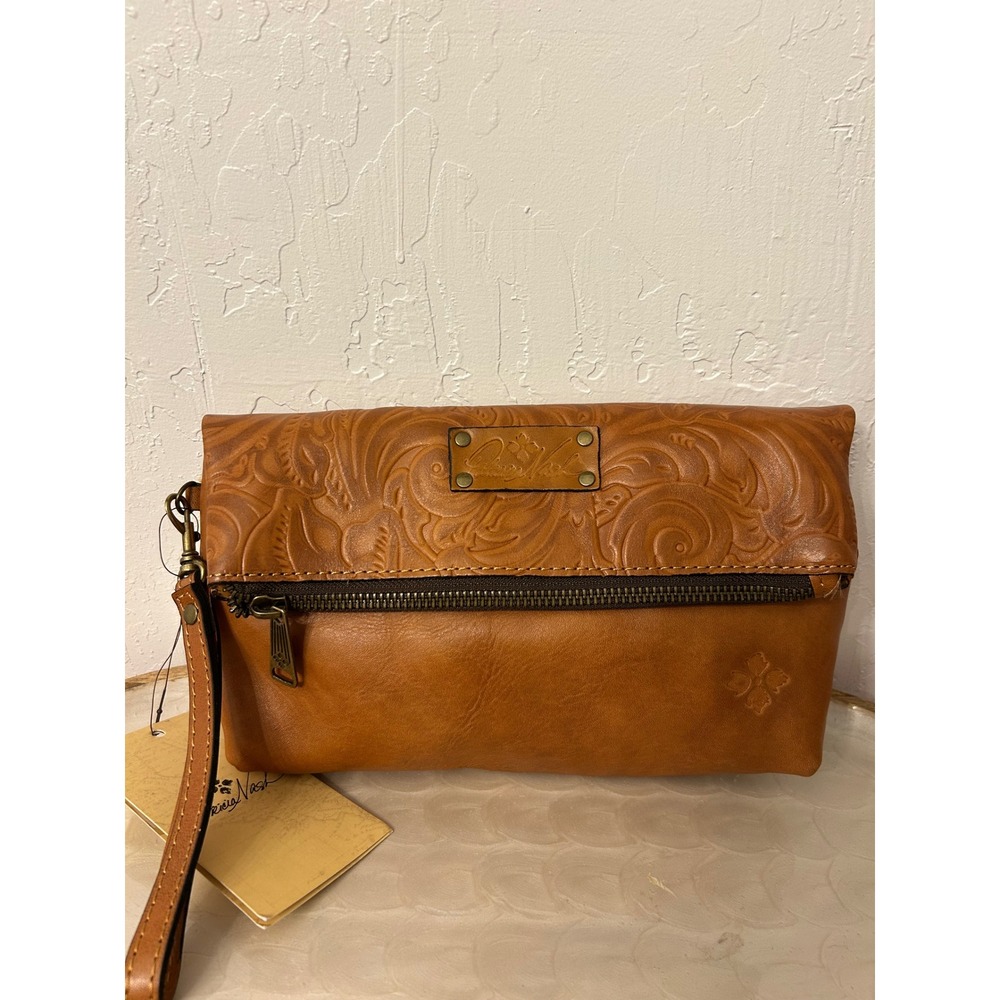 Patricia Nash Tan Tooled Leather Foldover Wristlet Clutch Embossed Floral Bag